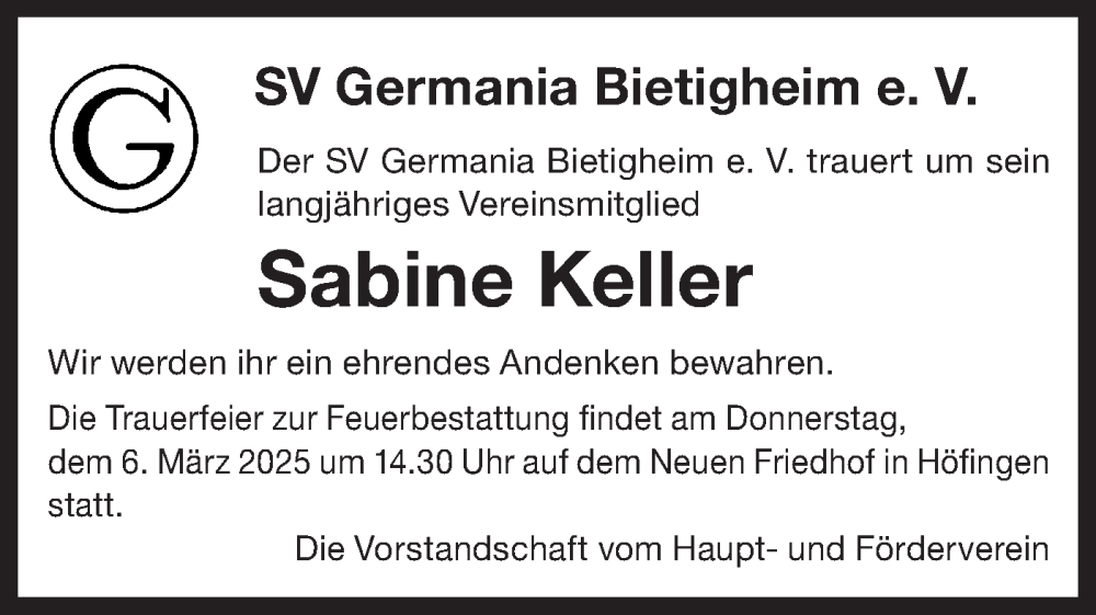  Traueranzeige für Sabine Keller vom 03.03.2025 aus Bietigheimer Zeitung