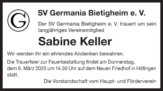 Traueranzeige von Sabine Keller von Bietigheimer Zeitung