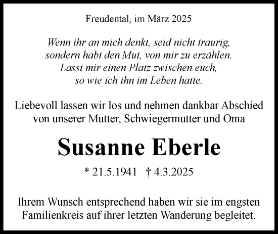 Traueranzeige von Susanne Eberle von Bietigheimer Zeitung