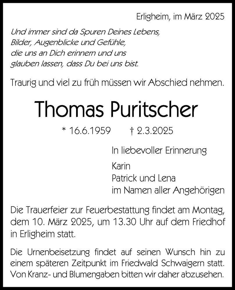  Traueranzeige für Thomas Puritscher vom 05.03.2025 aus Bietigheimer Zeitung