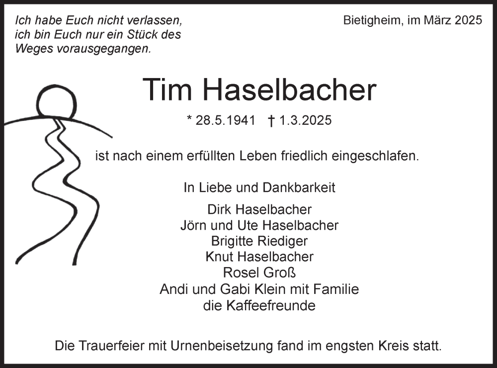  Traueranzeige für Tim Haselbacher vom 25.03.2025 aus Bietigheimer Zeitung