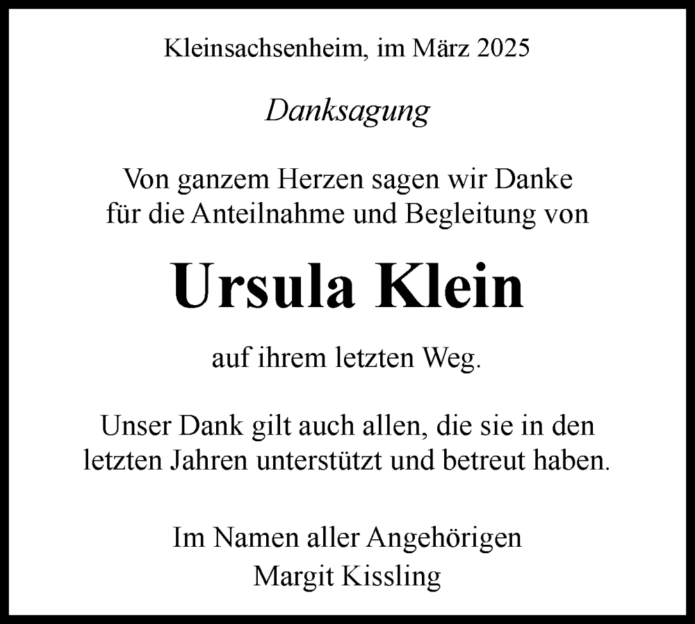  Traueranzeige für Ursula Klein vom 14.03.2025 aus Bietigheimer Zeitung