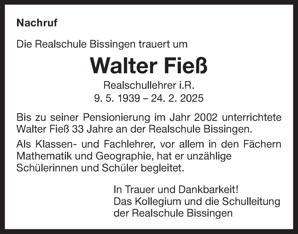 Traueranzeige für Walter Fieß vom 15.03.2025 aus Bietigheimer Zeitung