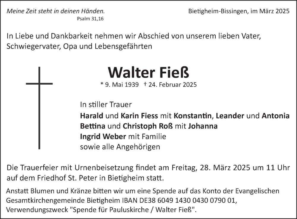  Traueranzeige für Walter Fieß vom 15.03.2025 aus Bietigheimer Zeitung