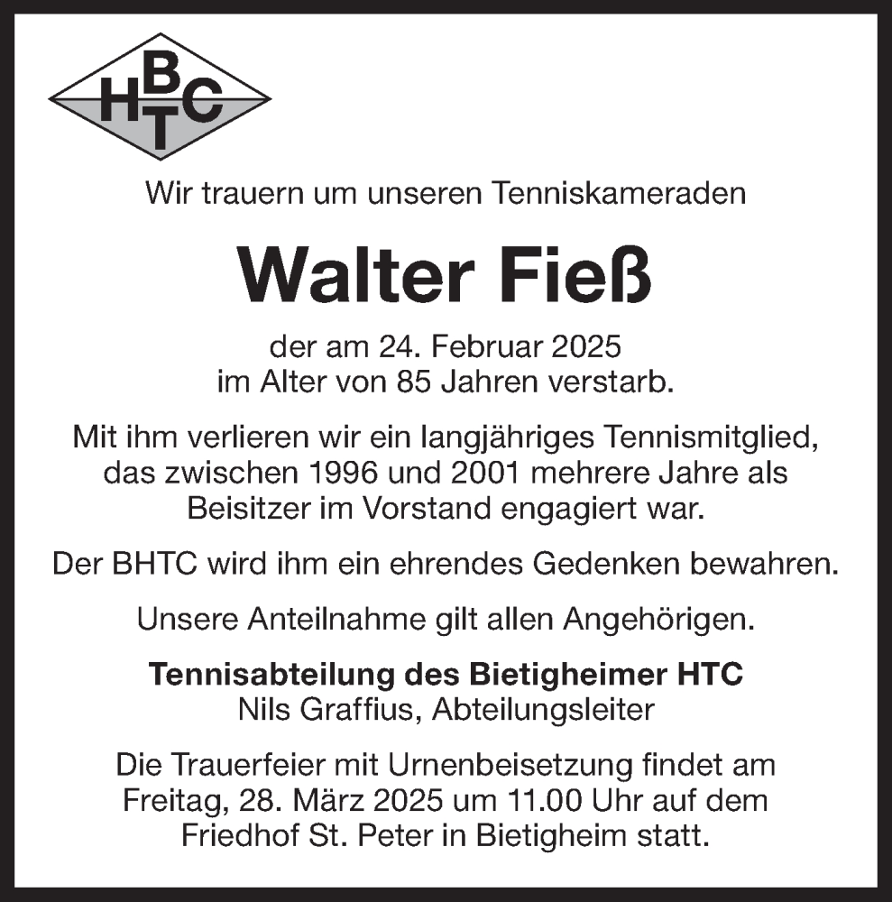  Traueranzeige für Walter Fieß vom 21.03.2025 aus Bietigheimer Zeitung