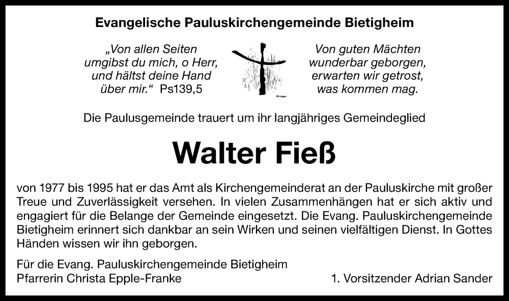  Traueranzeige für Walter Fieß vom 15.03.2025 aus Bietigheimer Zeitung