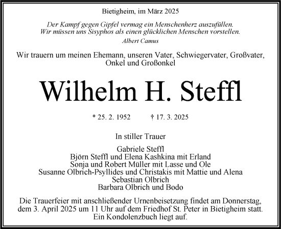 Traueranzeige von Wilhelm H. Steffl von Bietigheimer Zeitung