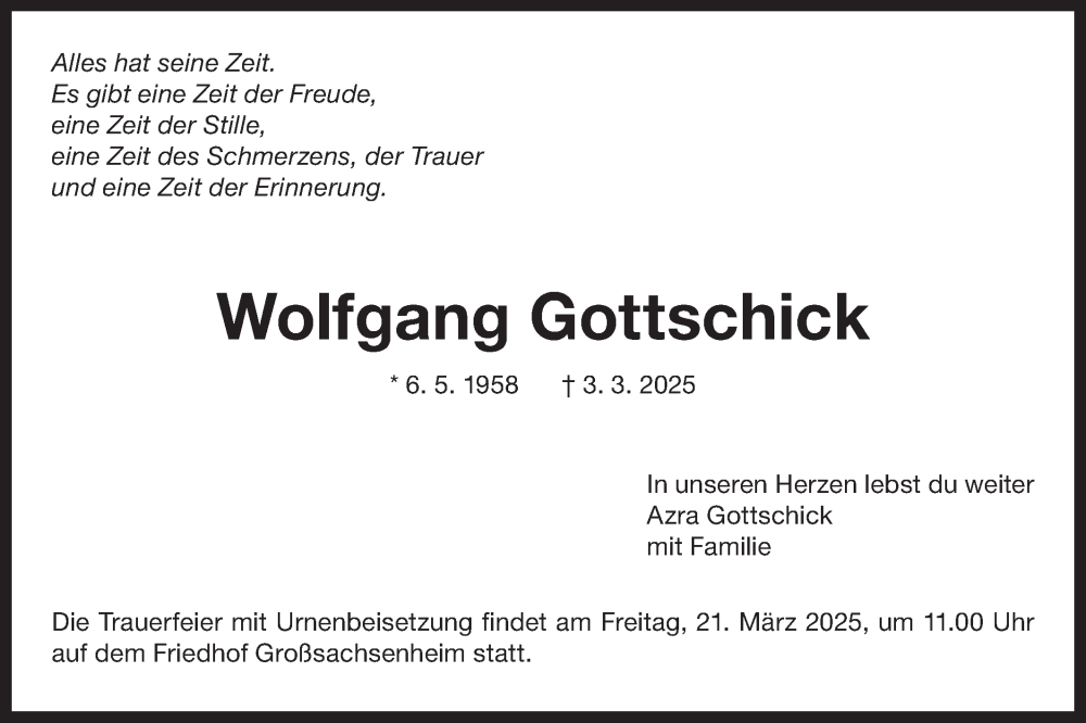  Traueranzeige für Wolfgang Gottschick vom 17.03.2025 aus Bietigheimer Zeitung