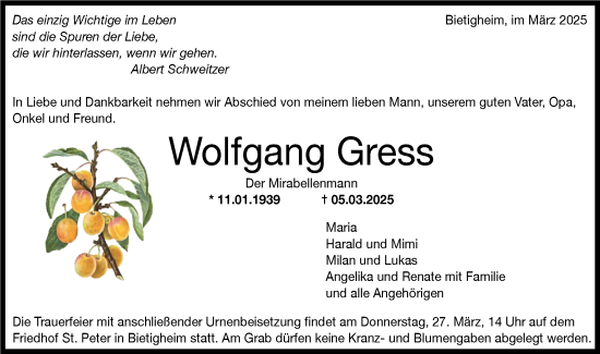 Traueranzeige von Wolfgang Gress von Bietigheimer Zeitung