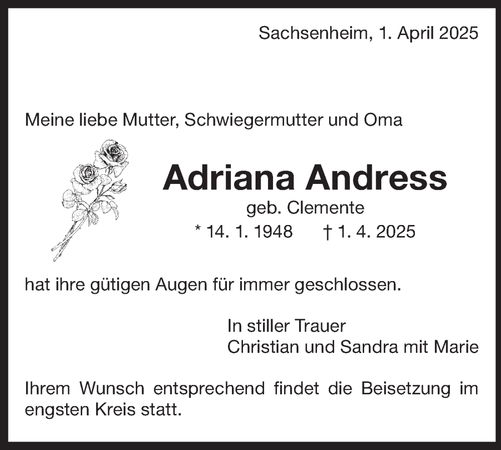  Traueranzeige für Adriana Andress vom 12.04.2025 aus Bietigheimer Zeitung