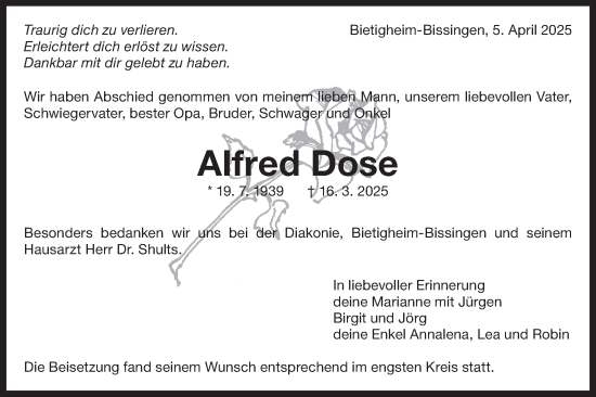 Traueranzeige von Alfred Dose von Bietigheimer Zeitung