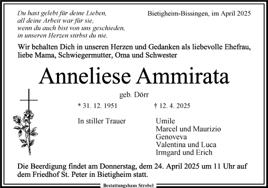 Traueranzeige von Anneliese Ammirata von Bietigheimer Zeitung