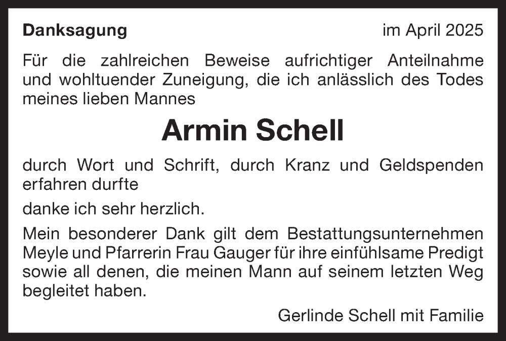  Traueranzeige für Armin Schell vom 07.04.2025 aus Bietigheimer Zeitung