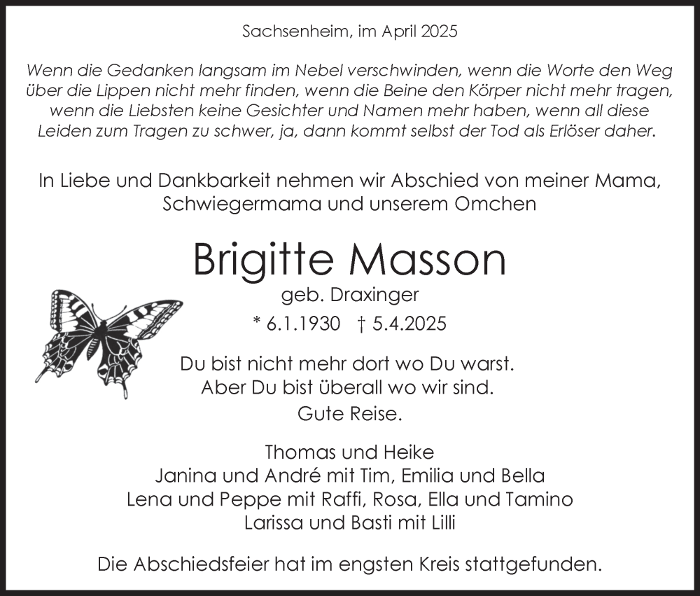  Traueranzeige für Brigitte Masson vom 26.04.2025 aus Bietigheimer Zeitung