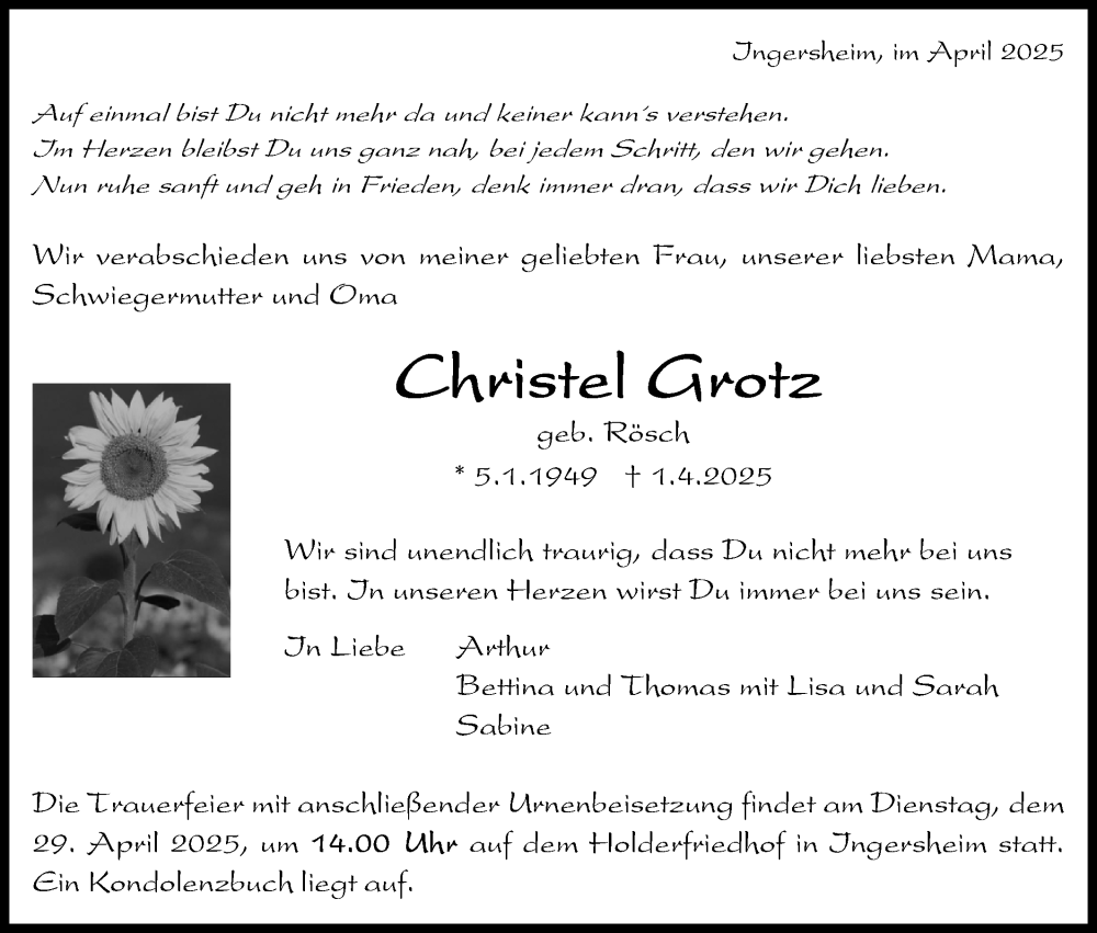  Traueranzeige für Christel Grotz vom 23.04.2025 aus Bietigheimer Zeitung