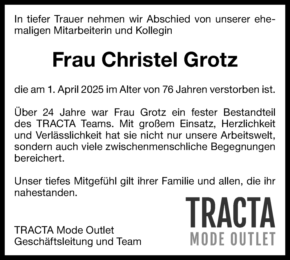  Traueranzeige für Christel Grotz vom 26.04.2025 aus Bietigheimer Zeitung