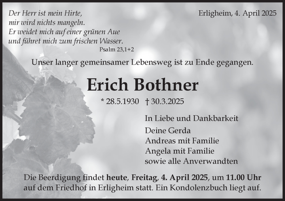  Traueranzeige für Erich Bothner vom 04.04.2025 aus Bietigheimer Zeitung