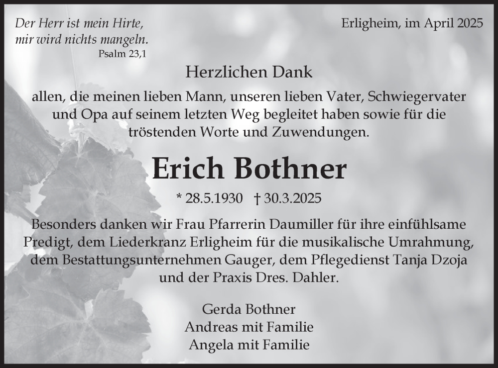  Traueranzeige für Erich Bothner vom 19.04.2025 aus Bietigheimer Zeitung