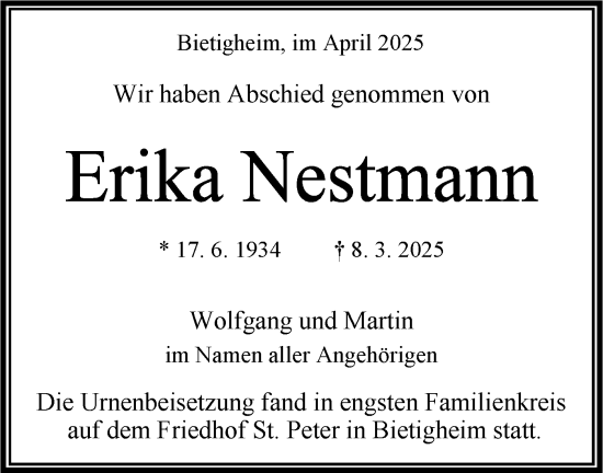 Traueranzeige von Erika Nestmann von Bietigheimer Zeitung