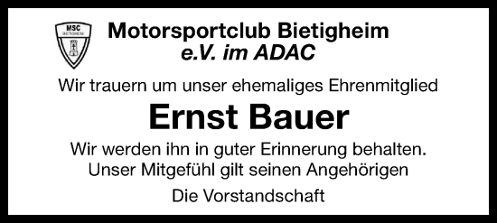 Traueranzeige von Ernst Bauer von Bietigheimer Zeitung