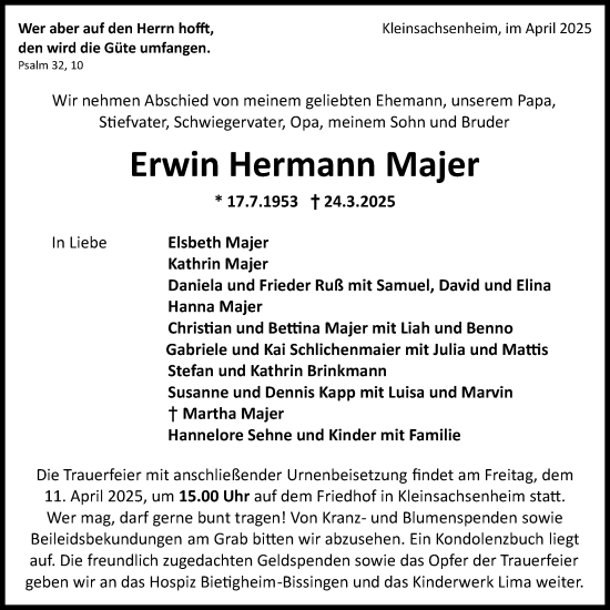 Traueranzeige von Erwin Hermann Majer von Bietigheimer Zeitung