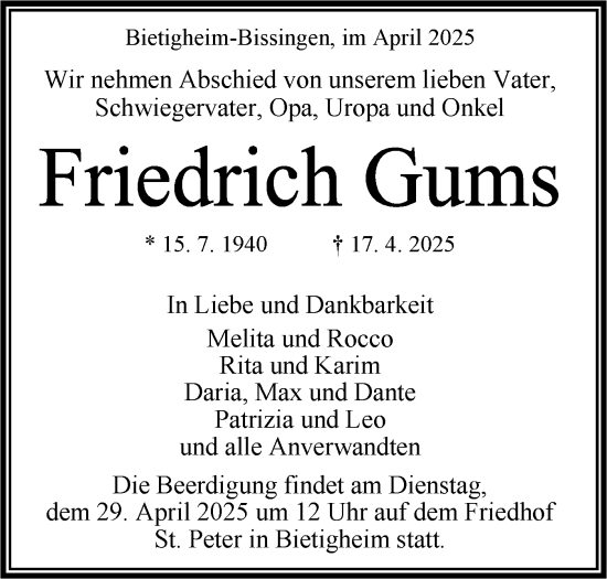 Traueranzeige von Friedrich Gums von Bietigheimer Zeitung