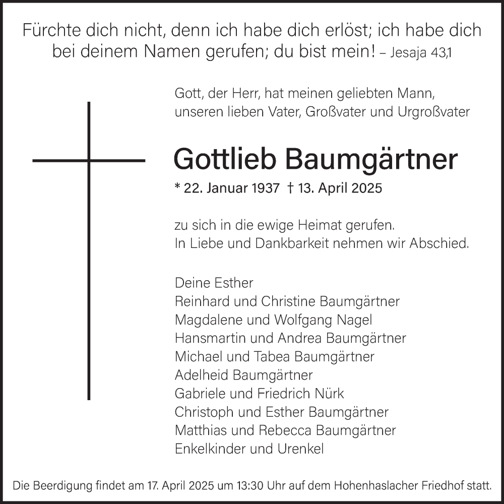  Traueranzeige für Gottlieb Baumgärtner vom 15.04.2025 aus Bietigheimer Zeitung