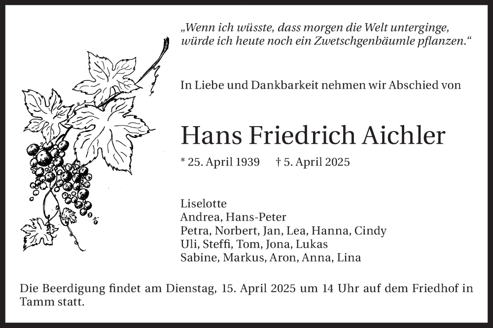  Traueranzeige für Hans Friedrich Aichler vom 11.04.2025 aus Bietigheimer Zeitung