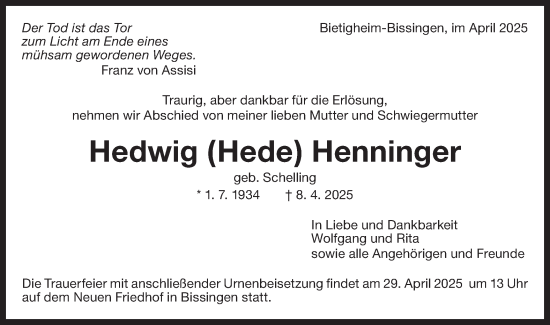 Traueranzeige von Hedwig Henninger von Bietigheimer Zeitung