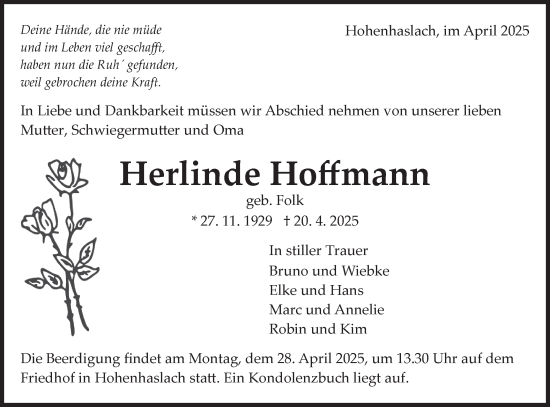 Traueranzeige von Herlinde Hoffmann von Bietigheimer Zeitung