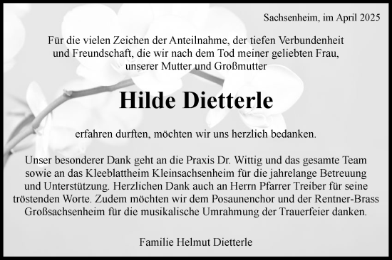 Traueranzeige von Hilde Dietterle von Bietigheimer Zeitung