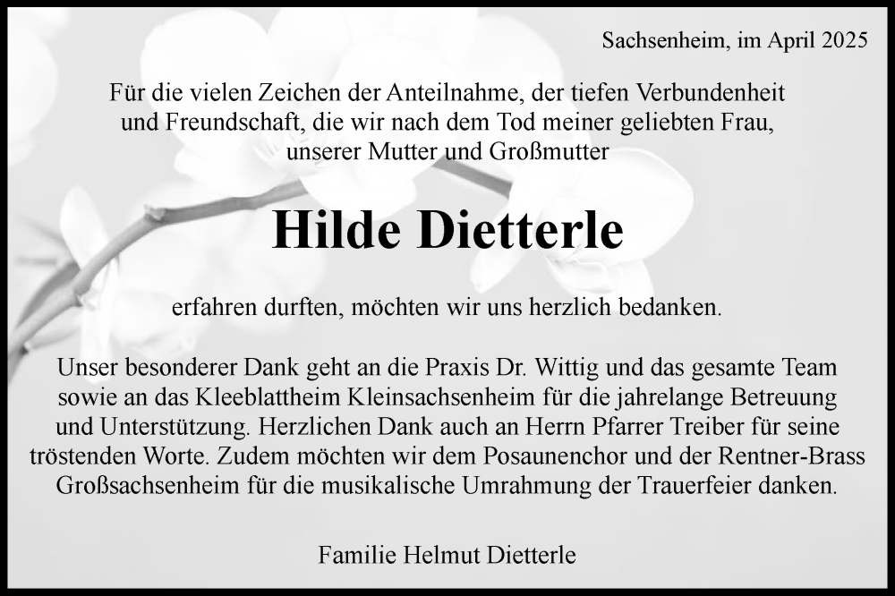  Traueranzeige für Hilde Dietterle vom 19.04.2025 aus Bietigheimer Zeitung