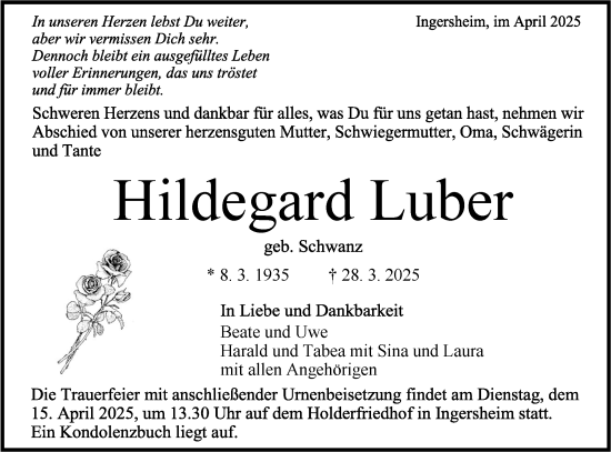 Traueranzeige von Hildegard Luber von Bietigheimer Zeitung