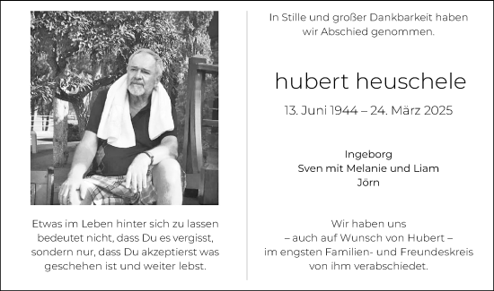 Traueranzeige von Hubert Heuschele von Bietigheimer Zeitung