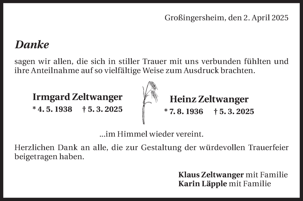  Traueranzeige für Irmgard Zeltwanger vom 02.04.2025 aus Bietigheimer Zeitung