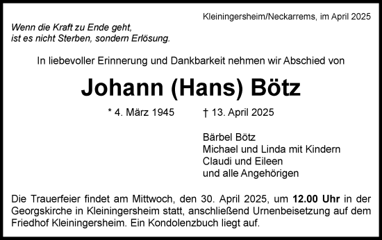 Traueranzeige von Johann Bötz von Bietigheimer Zeitung