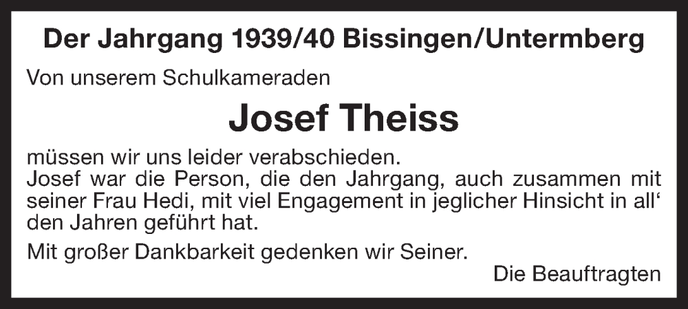  Traueranzeige für Josef Theiss vom 26.04.2025 aus Bietigheimer Zeitung
