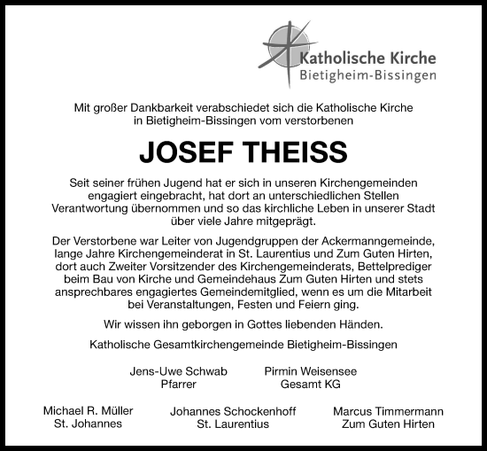Traueranzeige von Josef Theiss von Bietigheimer Zeitung