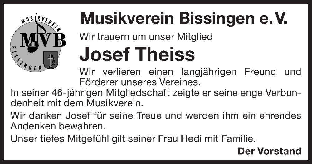  Traueranzeige für Josef Theiss vom 25.04.2025 aus Bietigheimer Zeitung