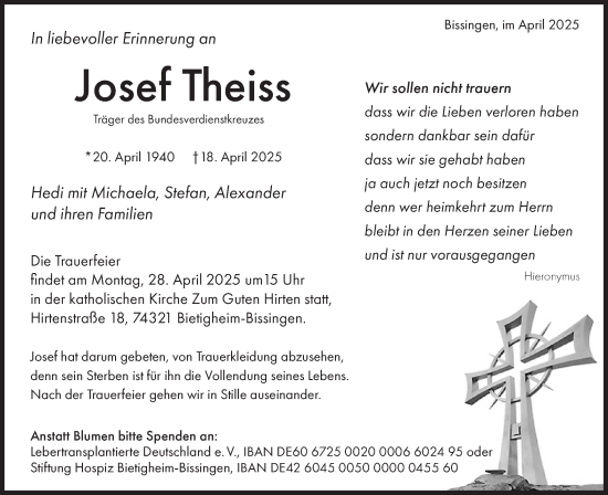 Traueranzeige von Josef Theiss von Bietigheimer Zeitung