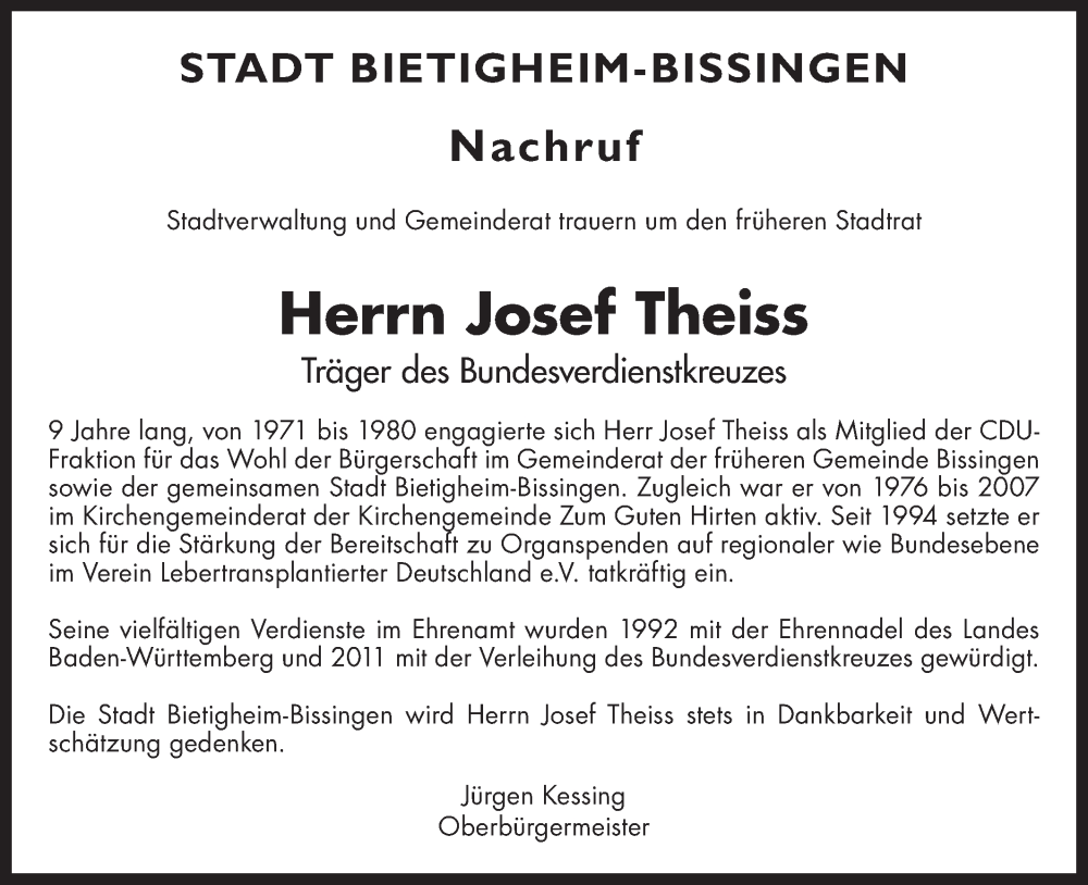  Traueranzeige für Josef Theiss vom 28.04.2025 aus Bietigheimer Zeitung
