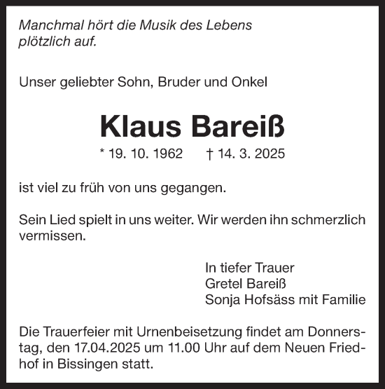 Traueranzeige von Klaus Bareiß von Bietigheimer Zeitung