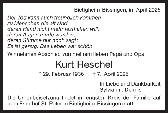 Traueranzeige von Kurt Heschel von Bietigheimer Zeitung