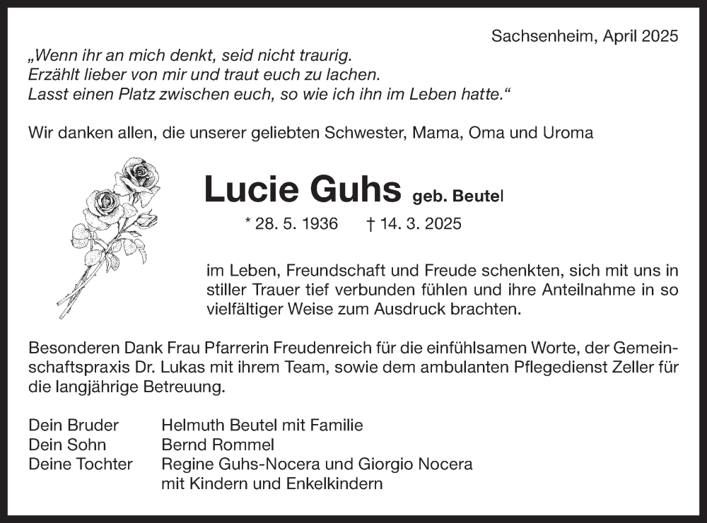  Traueranzeige für Lucie Guhs vom 23.04.2025 aus Bietigheimer Zeitung