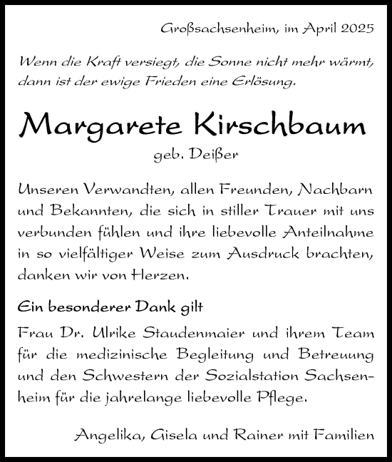 Traueranzeige von Margarete Kirschbaum von Bietigheimer Zeitung