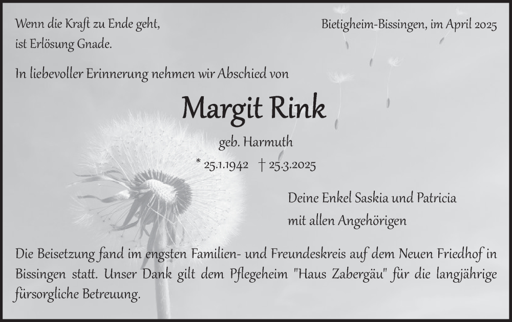 Traueranzeige für Margit Rink vom 10.04.2025 aus Bietigheimer Zeitung
