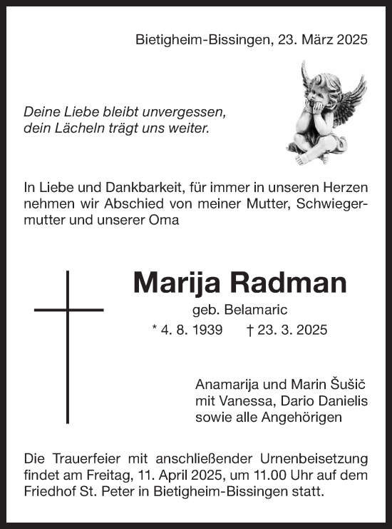Traueranzeige von Marija Radman von Bietigheimer Zeitung