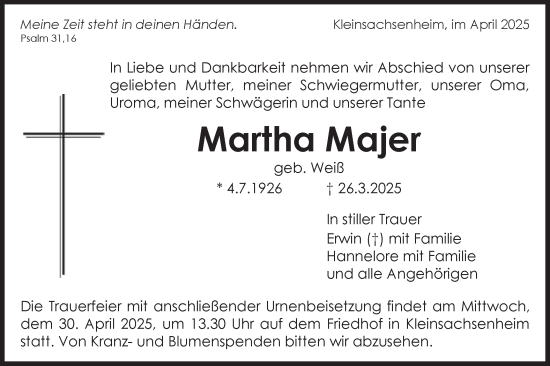 Traueranzeige von Martha Majer von Bietigheimer Zeitung