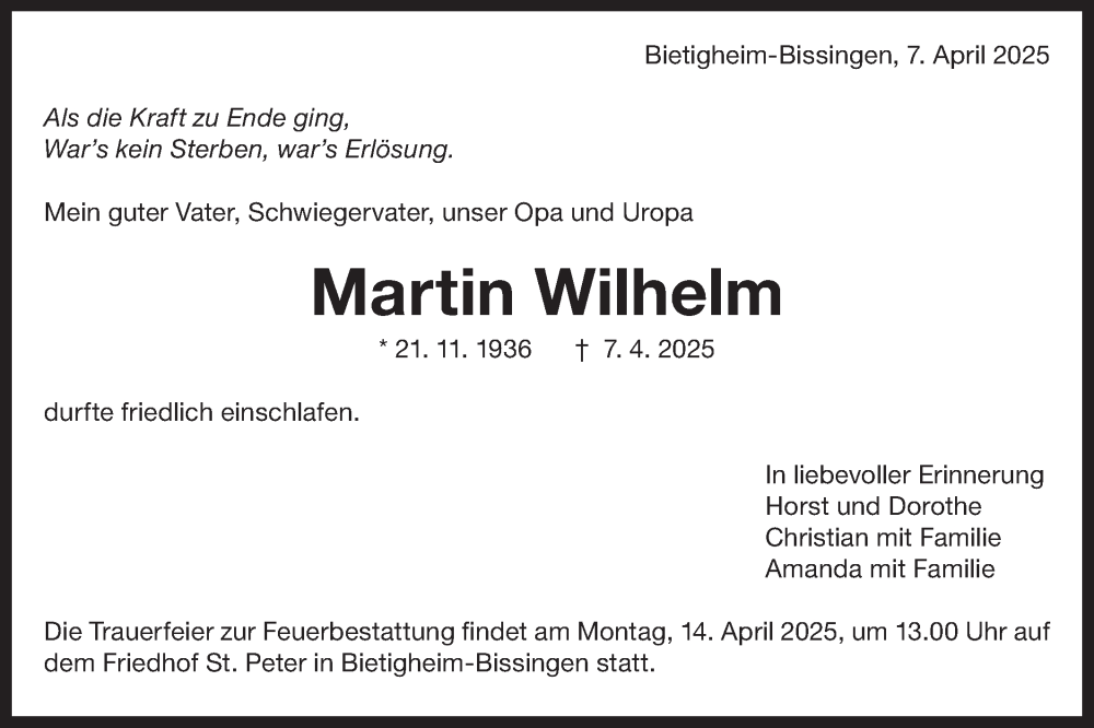  Traueranzeige für Martin Wilhelm vom 10.04.2025 aus Bietigheimer Zeitung