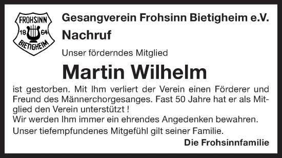Traueranzeige von Martin Wilhelm von Bietigheimer Zeitung
